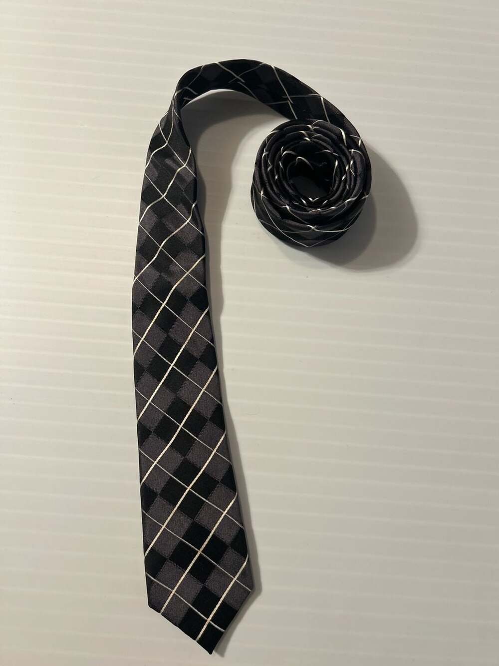 Hi-Brow 100% Silk Black & Grey Plaid Skinny Necktie 57.5” L